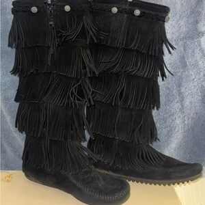 Minnetonka Black Suede Over-the-Knee Fringe Boots